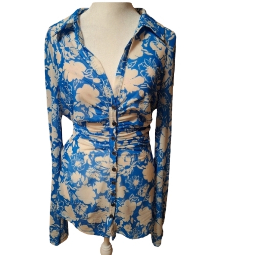 Free People Floral Blue and Cream Women's Top